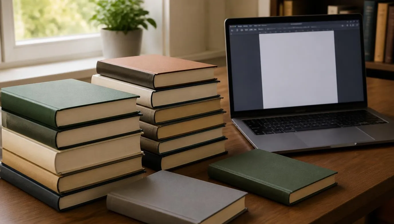 Stacks of hardback books on a desk beside an open laptop displaying a text document