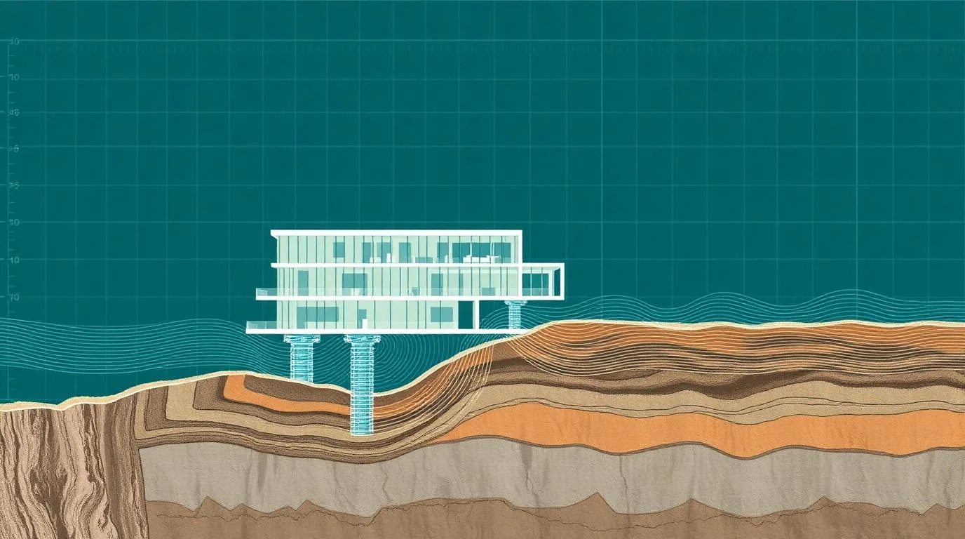 Cutaway illustration of a building on base isolators with seismic waves travelling through rock strata