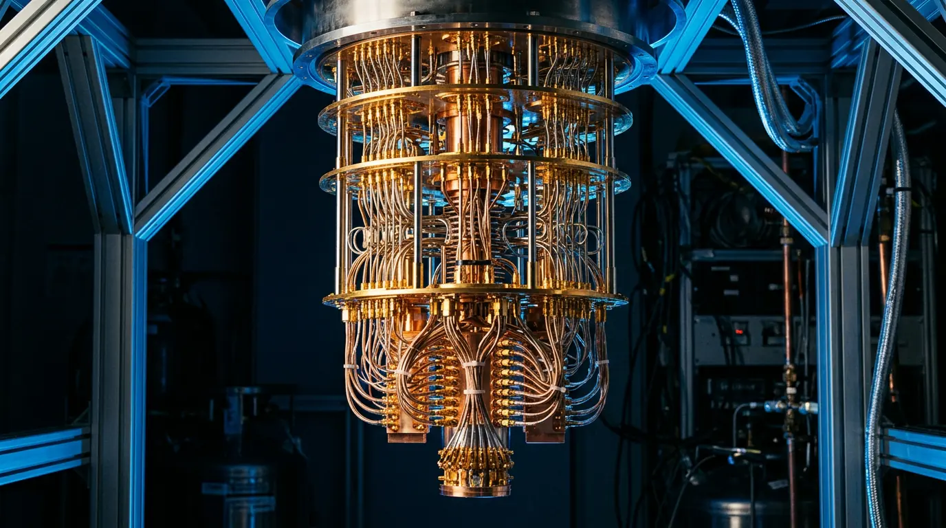 A dilution refrigerator with golden wiring inside a quantum computing lab