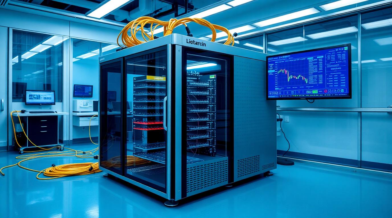 A quantum computing dilution refrigerator in a laboratory beside a market data screen
