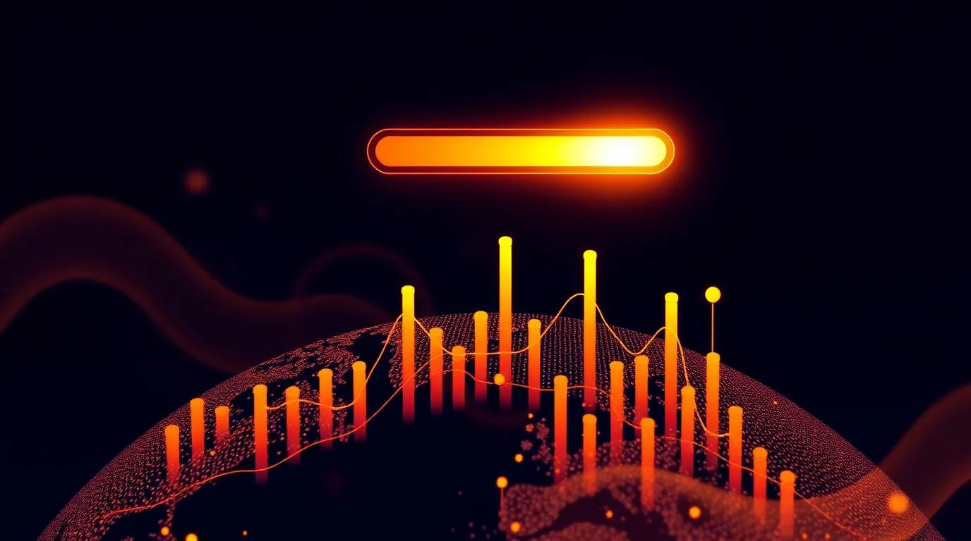 A glowing data visualisation of rising search interest lines over a dark world map