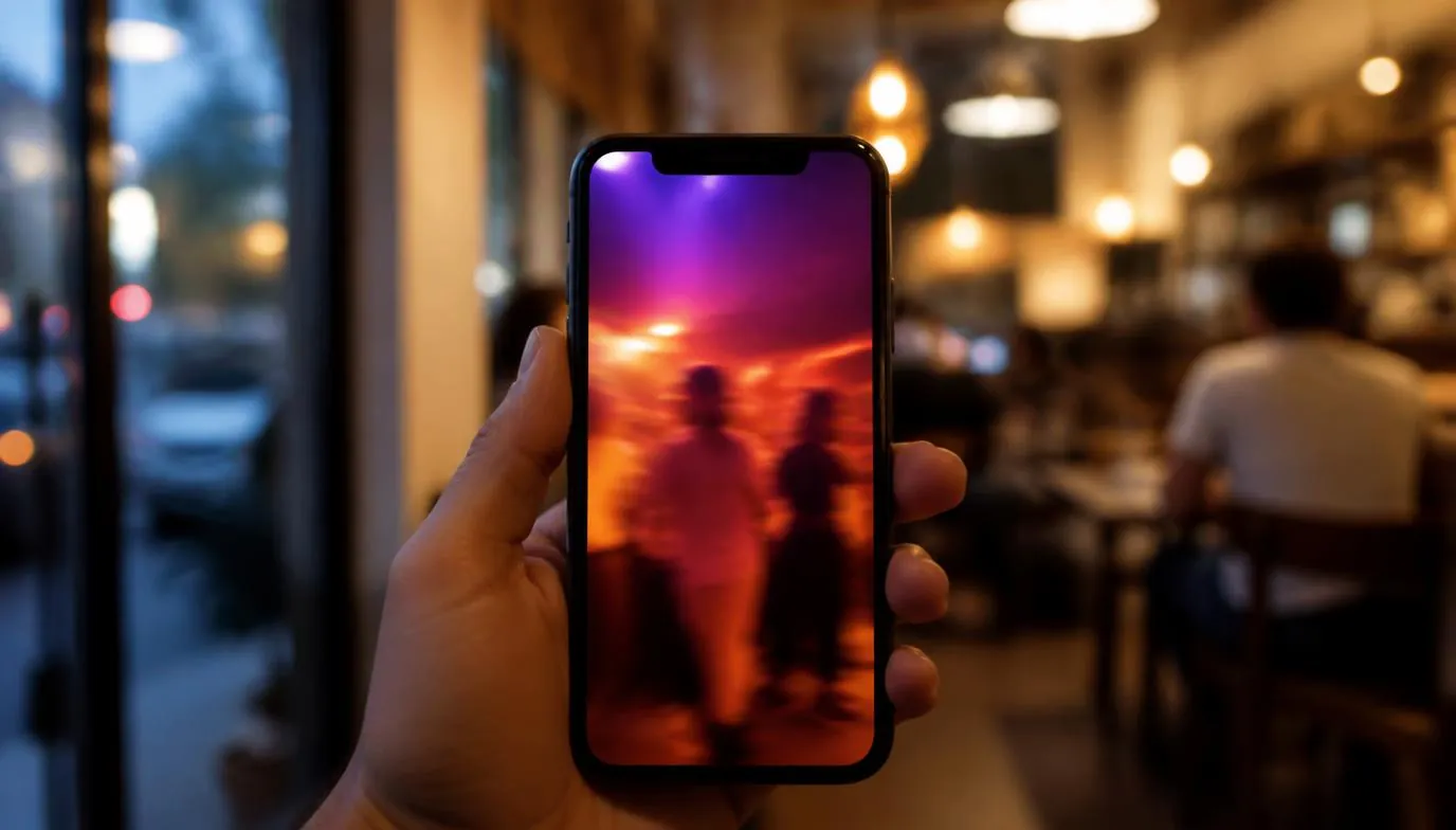 A smartphone displaying a vertical video feed, held in a hand against a blurred background