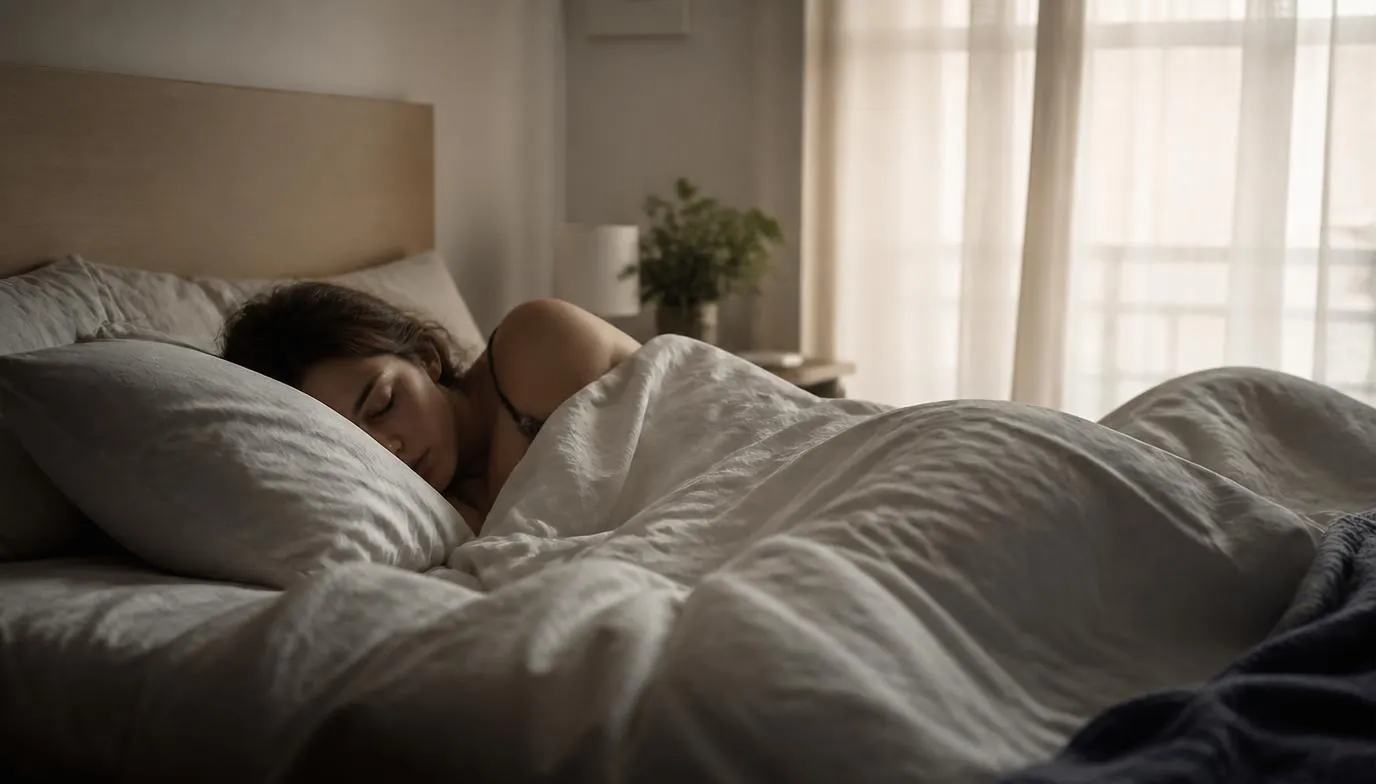 A person asleep in bed with early morning light through curtains