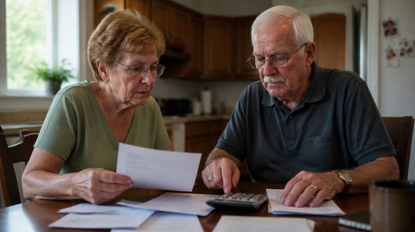 An elderly couple reviewing paperwork at a kitchen table with a calculator