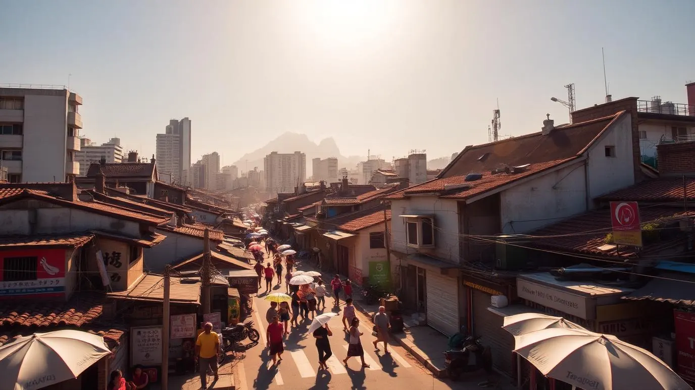 A heat haze shimmering above an empty urban street at midday with harsh sunlight