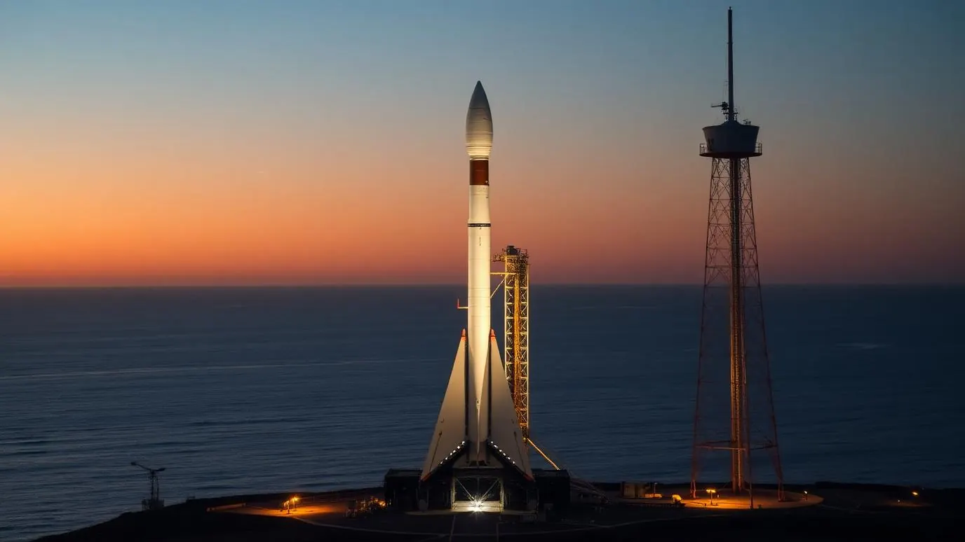 Rocket on a launch pad at dawn with a control room glowing in the foreground