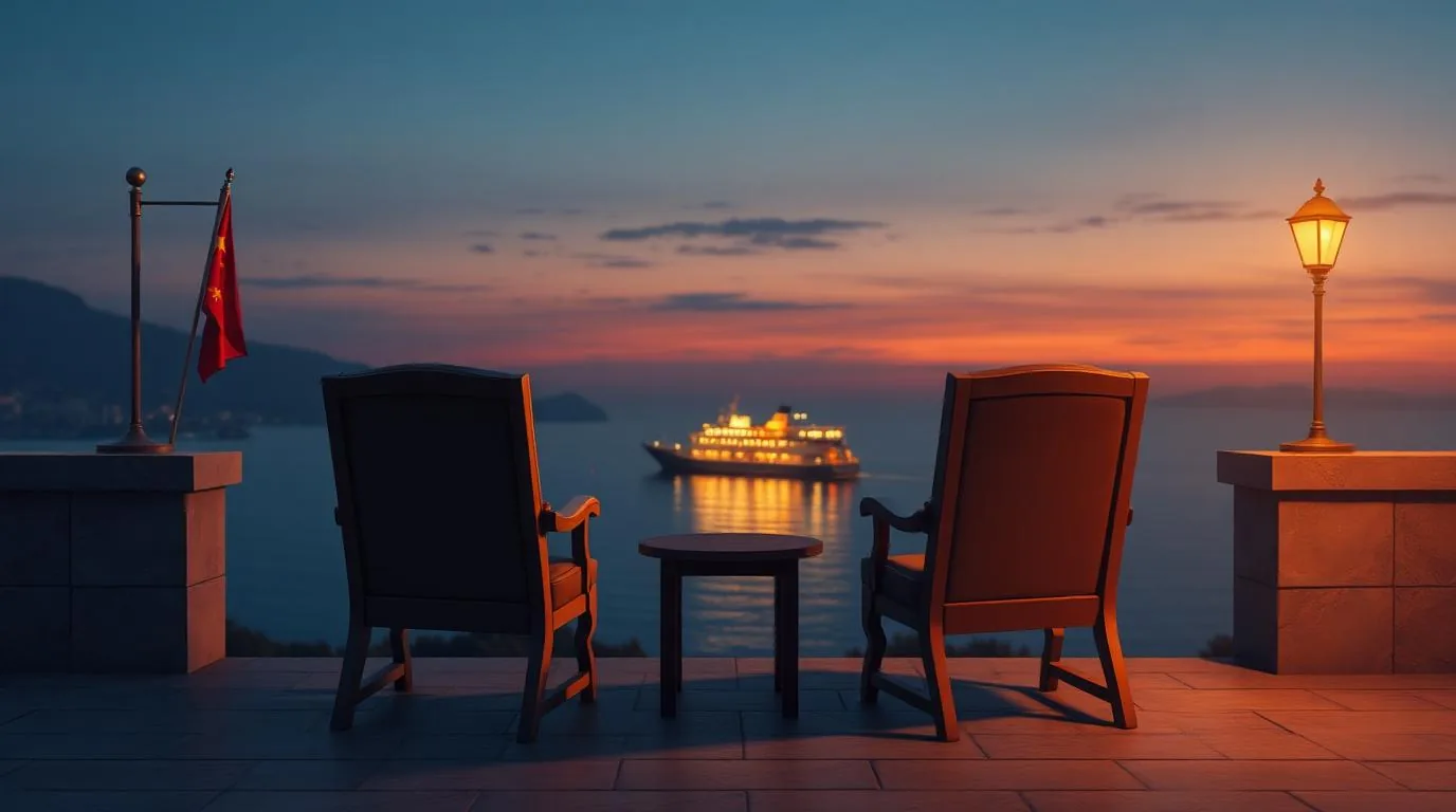 Two empty negotiating chairs on a stone terrace overlooking a narrow sea strait at dusk