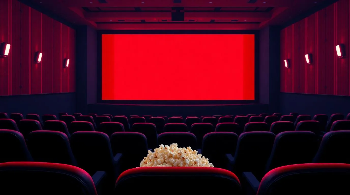 An empty cinema auditorium with red seats lit by the glow of a blank screen