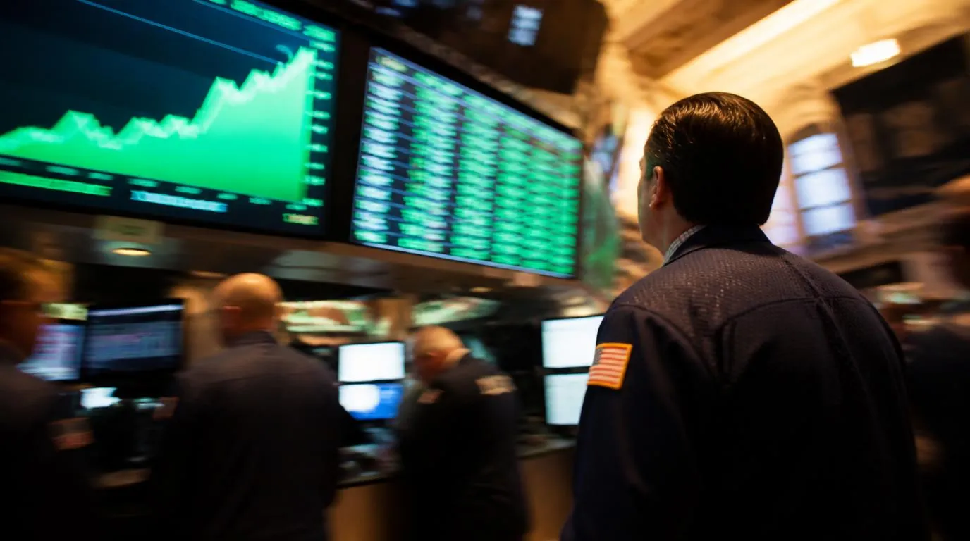 A trading floor display showing rising stock market indices