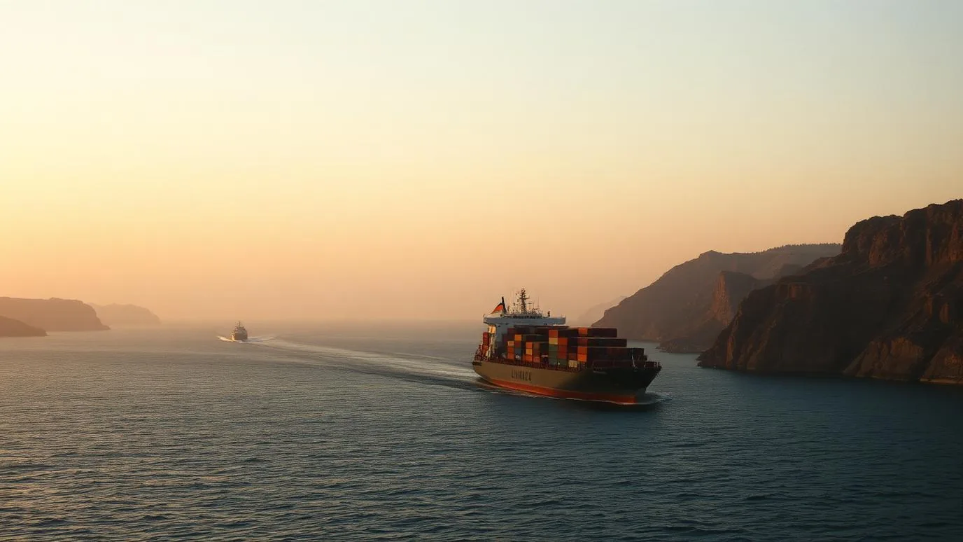 A laden tanker ship transiting a narrow strait at dusk with a naval escort vessel nearby
