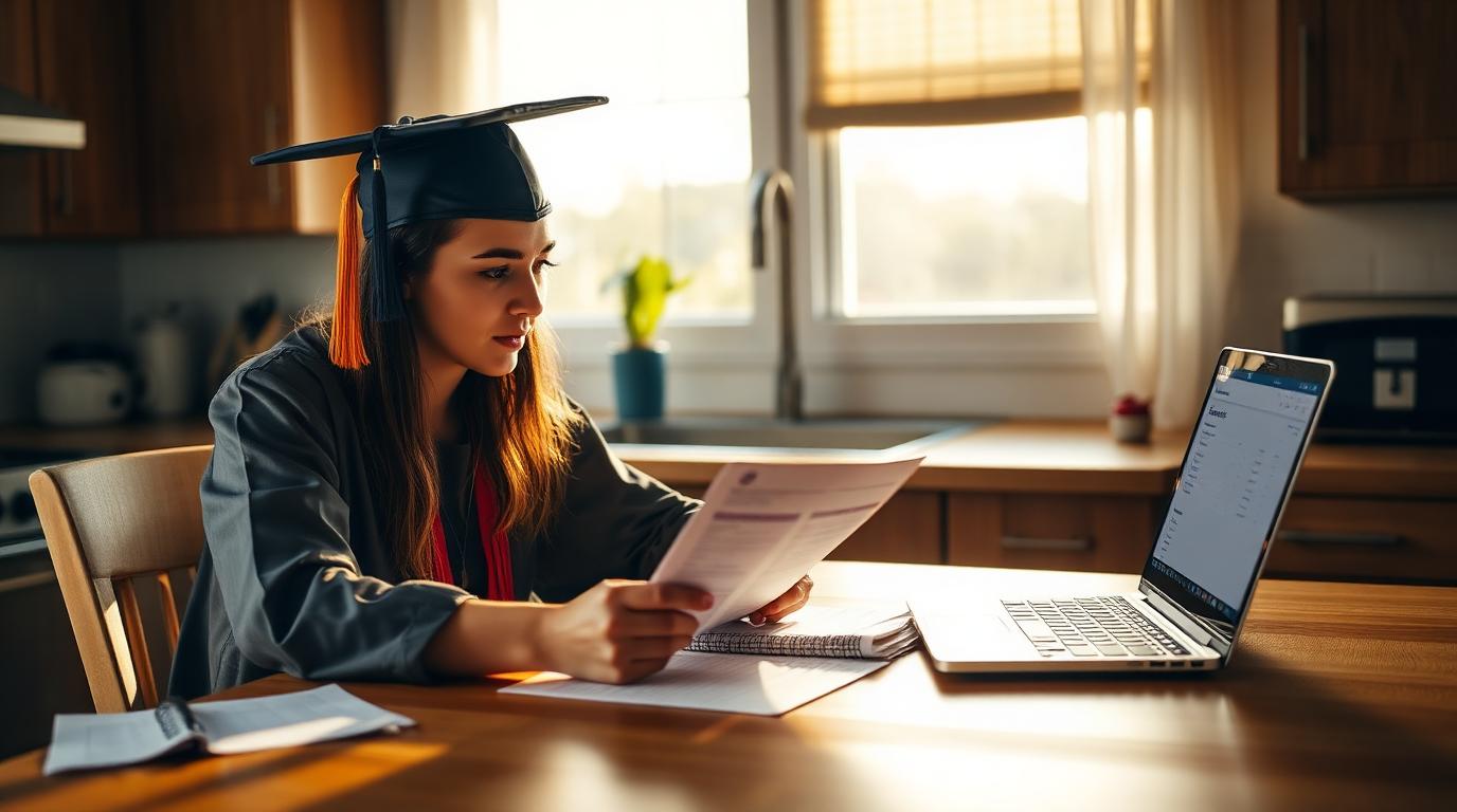 A recent graduate at a kitchen table reviewing loan paperwork beside a laptop