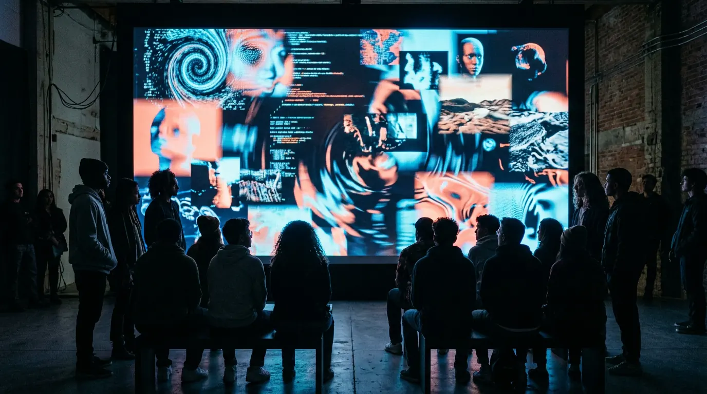 An audience watching a large screen of shifting generated imagery in a gallery