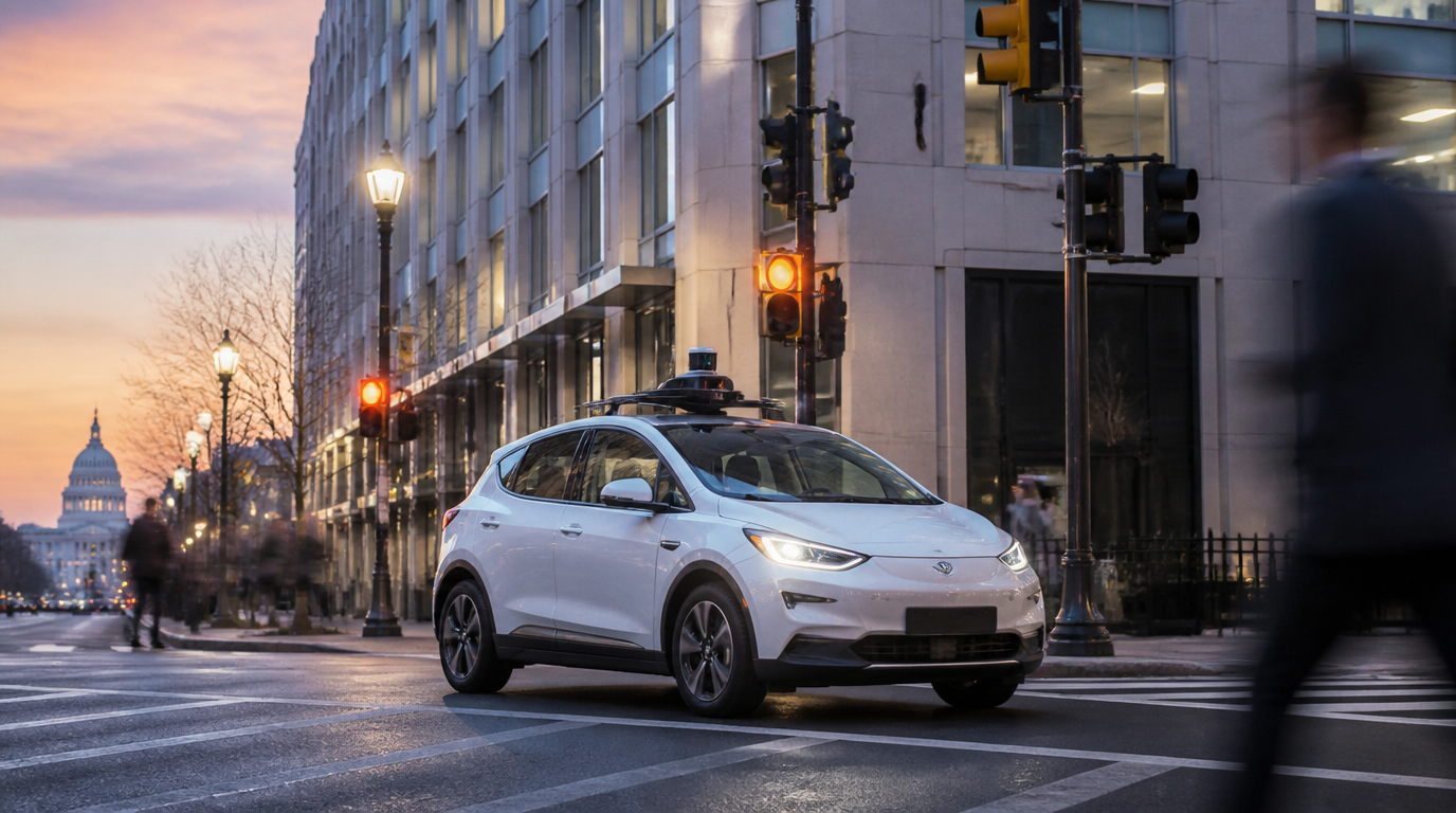 A driverless car navigating a city street at dusk with its interior lights on