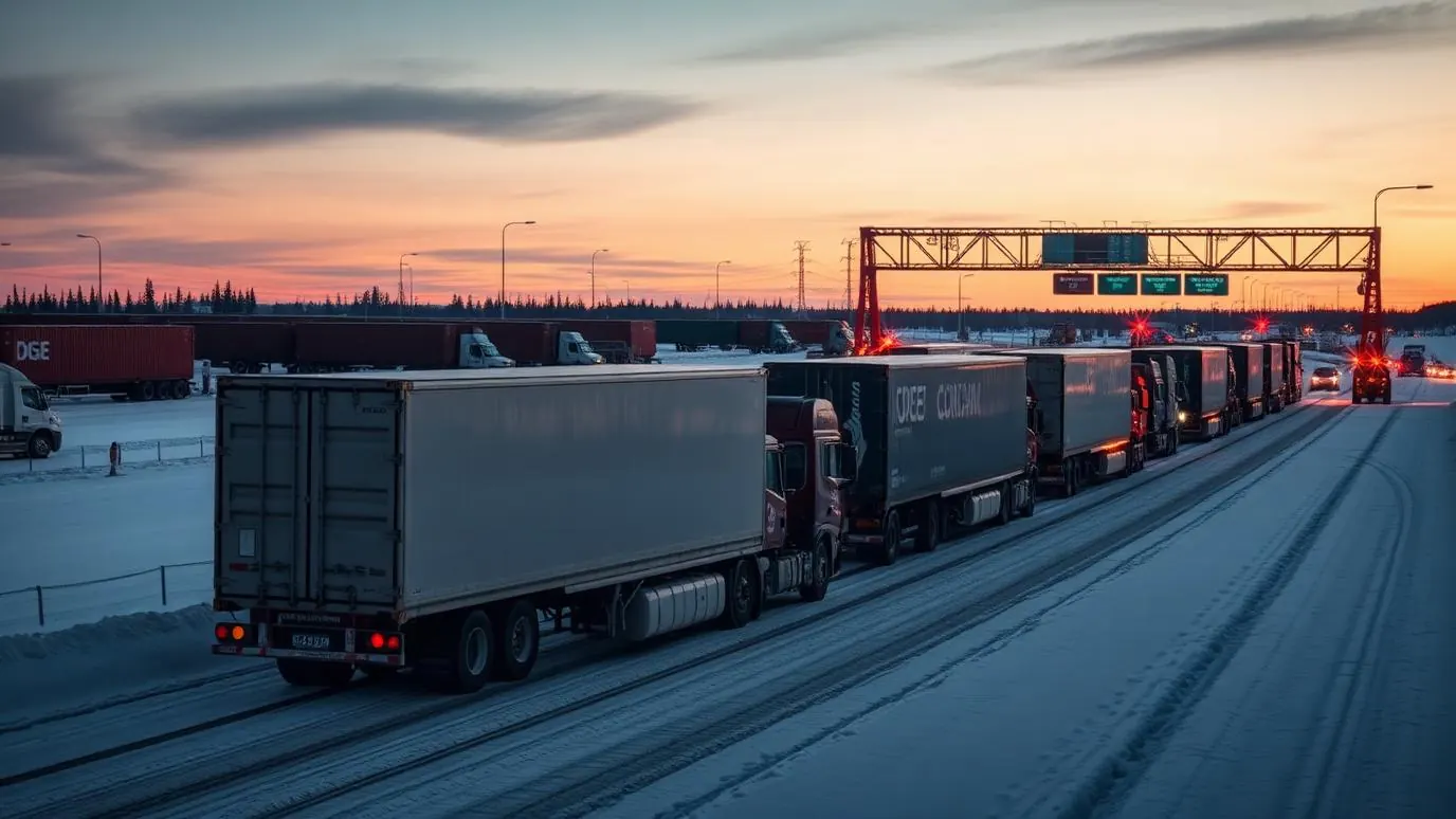 A cargo terminal at a northern border crossing with stacked shipping containers under an overcast sky