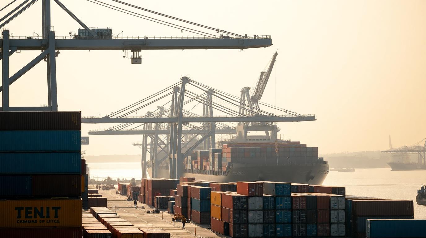 A container terminal with gantry cranes loading a ship under overcast light