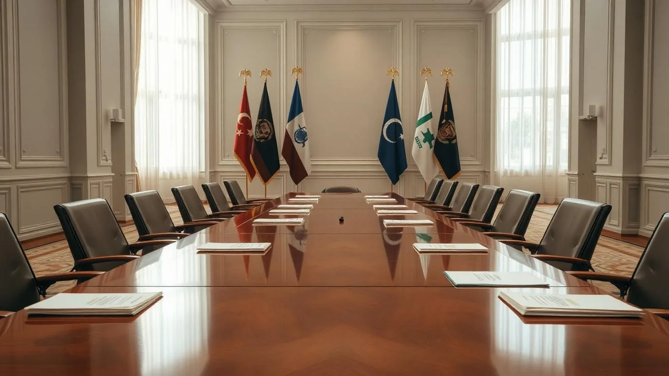 A conference table with folded national flags and a stack of sealed diplomatic document folders