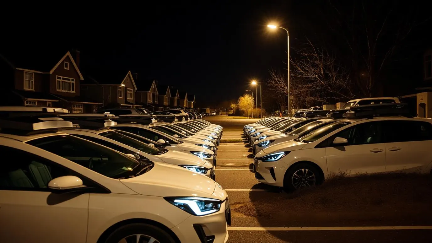 A row of driverless vehicles parked and charging in a quiet residential street at night