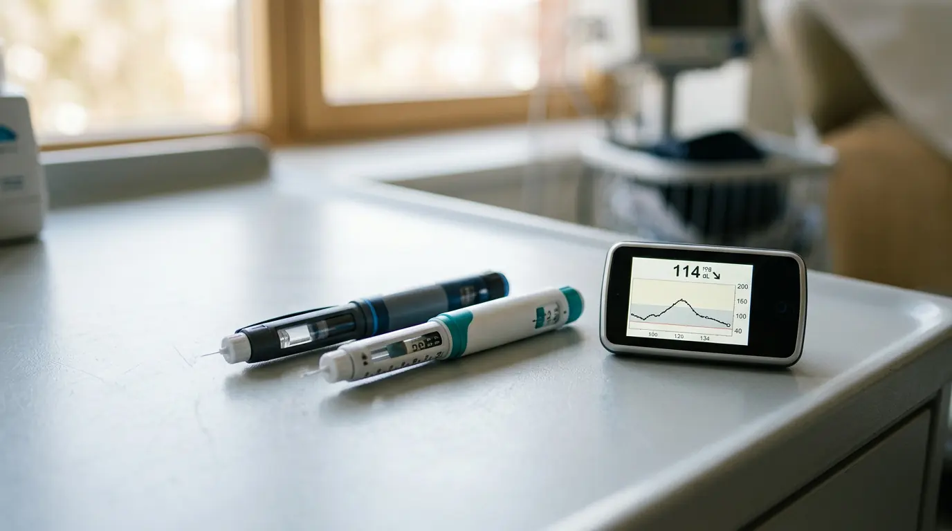 Injector pens and a glucose monitor on a clinical surface