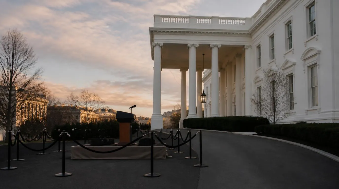 The exterior of the White House under an overcast sky