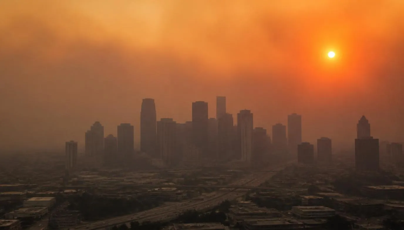 A hazy orange-tinged skyline over a city obscured by wildfire smoke