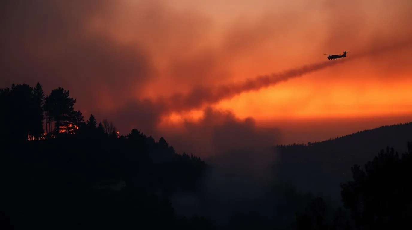 A hillside wildfire at dusk with orange glow through pine smoke and a water-bombing aircraft