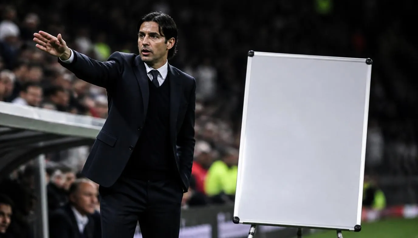 A football manager consulting a tactics board on the touchline during a floodlit World Cup fixture