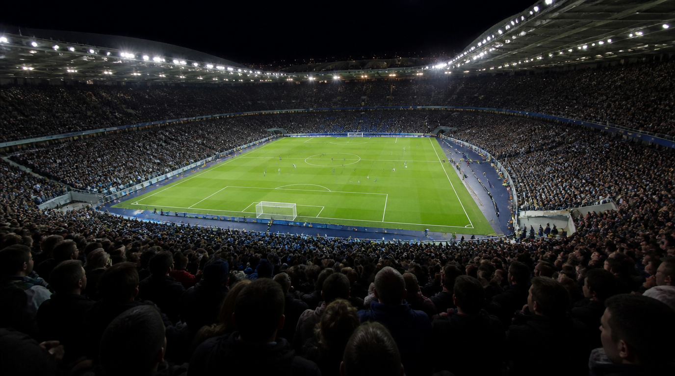 An empty football stadium bowl viewed from high in the stands before a match