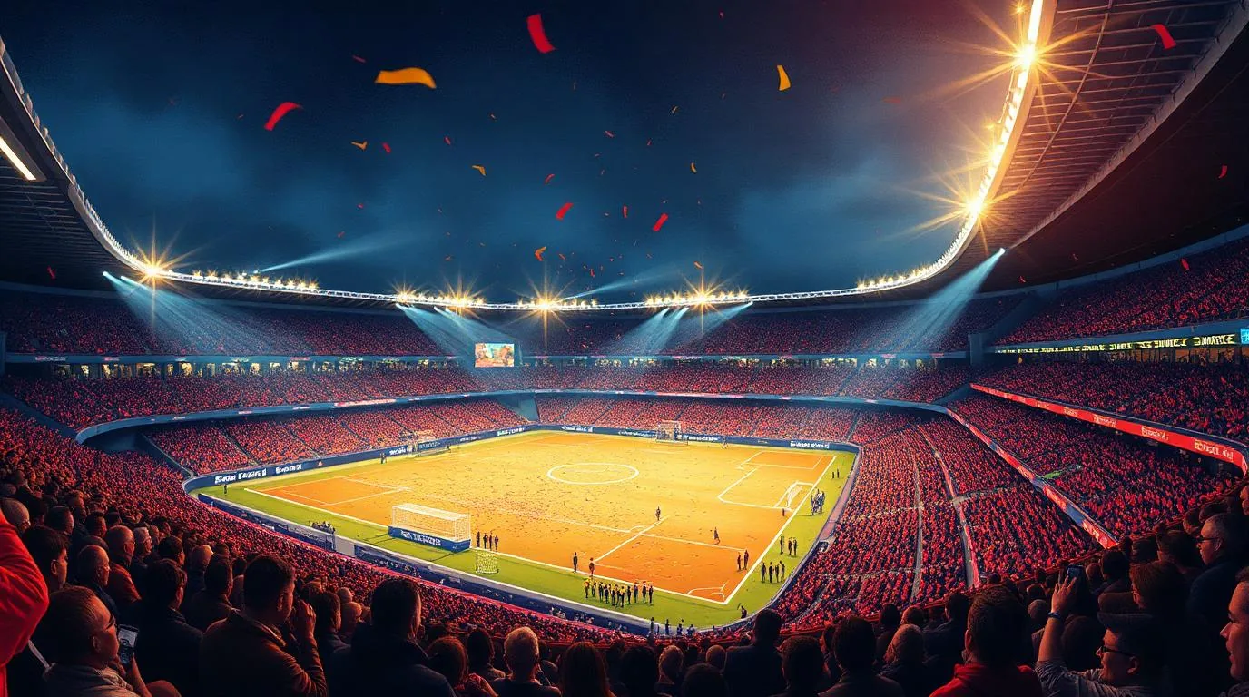 A floodlit football stadium at night with confetti falling over a packed crowd